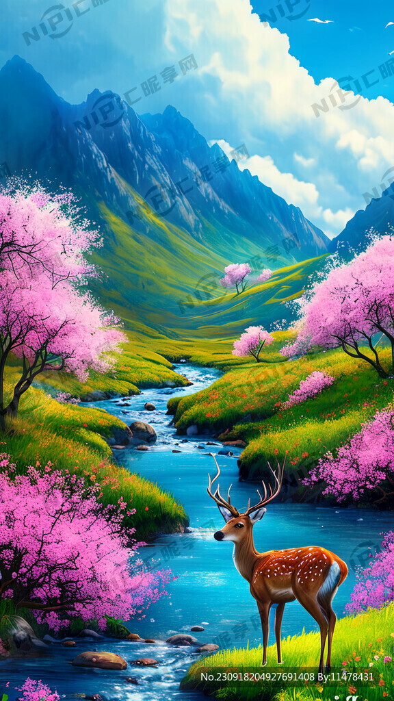 山间小溪 树林 梦幻 多彩花海