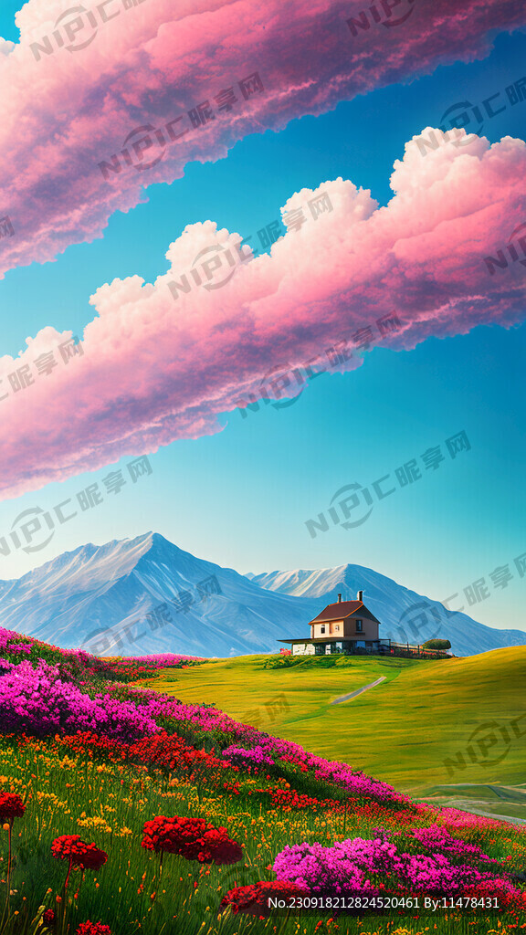 远处山下有房子 蓝天白云