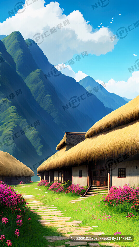蓝天白云 山脚下的茅草屋 草地