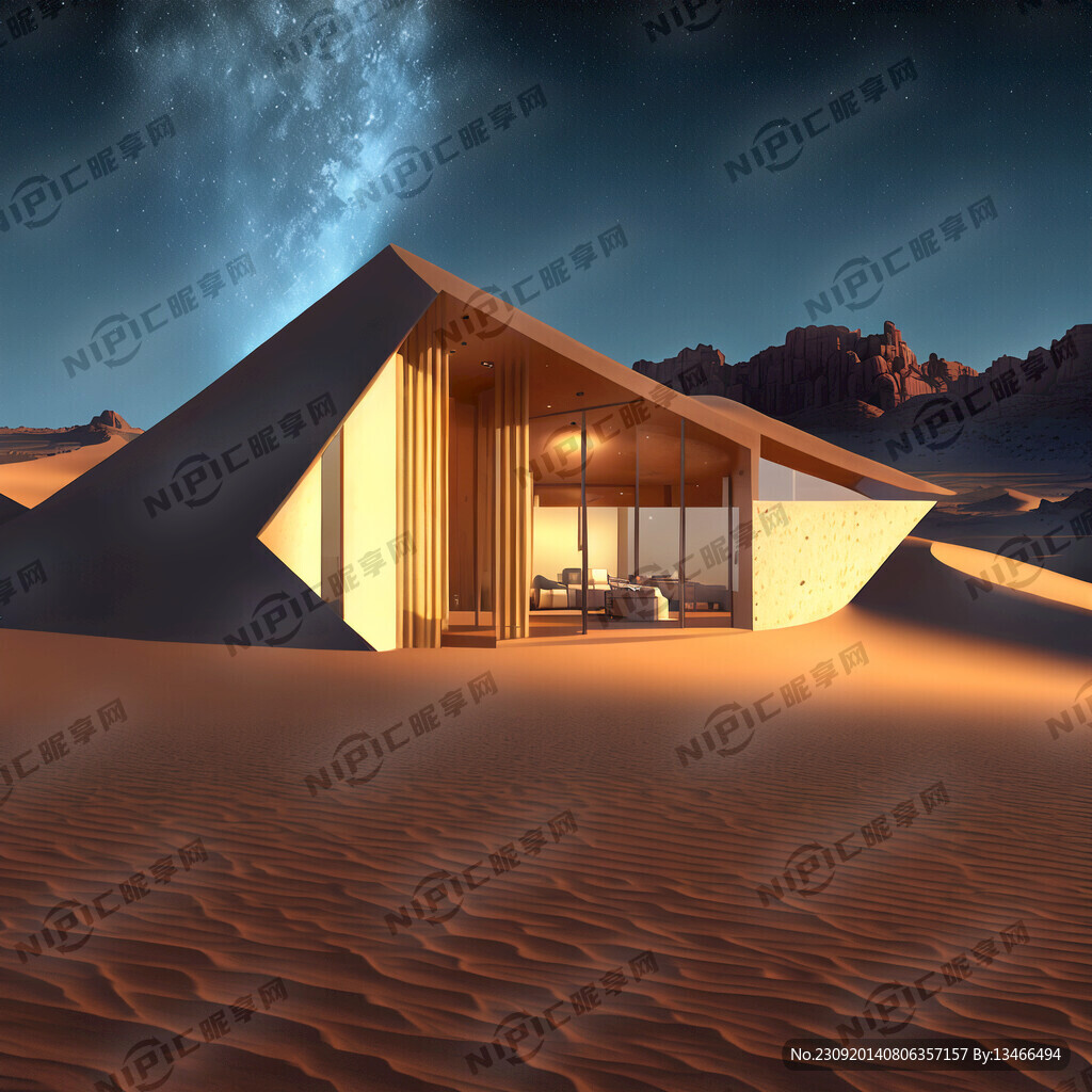 一望无际的沙漠上有一栋别墅