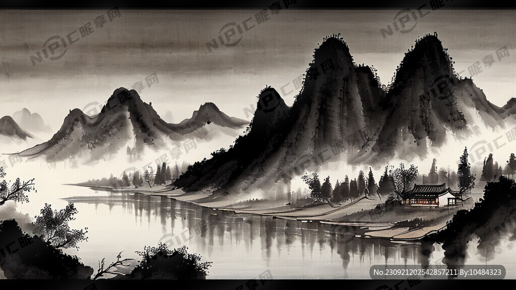 写意山水画 远山 河流 横版