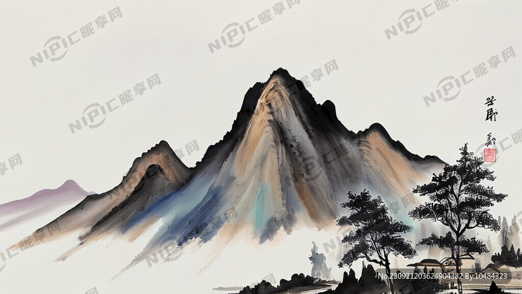 写意山水画 简约 彩色 远景