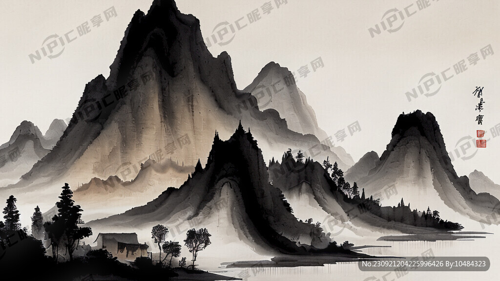 水墨中国画 山川 河流 简约