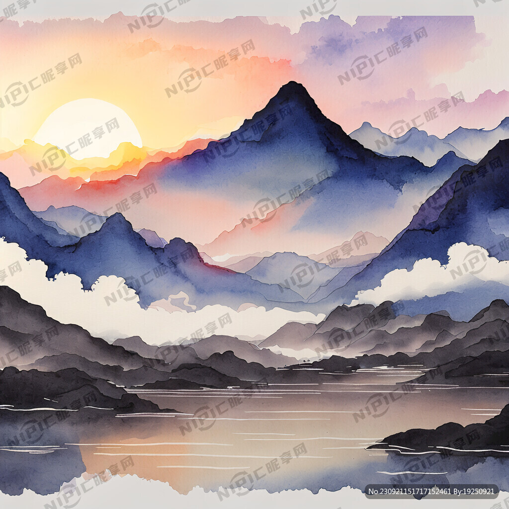 太阳 光 祥云 山水 国潮背景