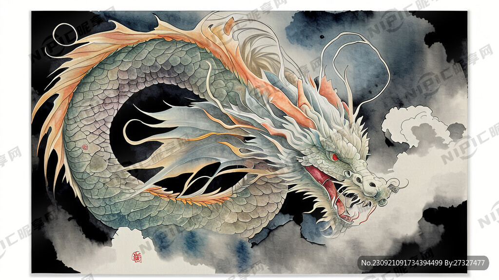 龙；水墨风；完整一条；