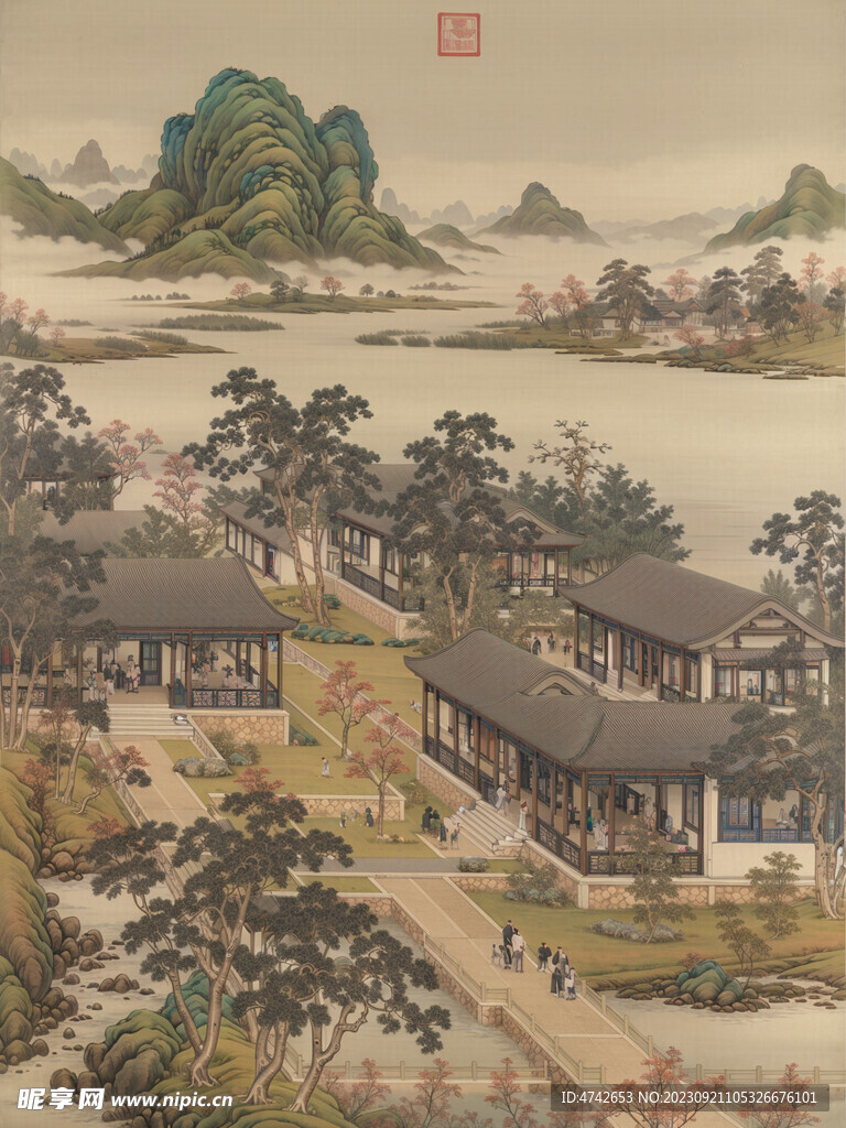 国画山水工笔山水国画建筑