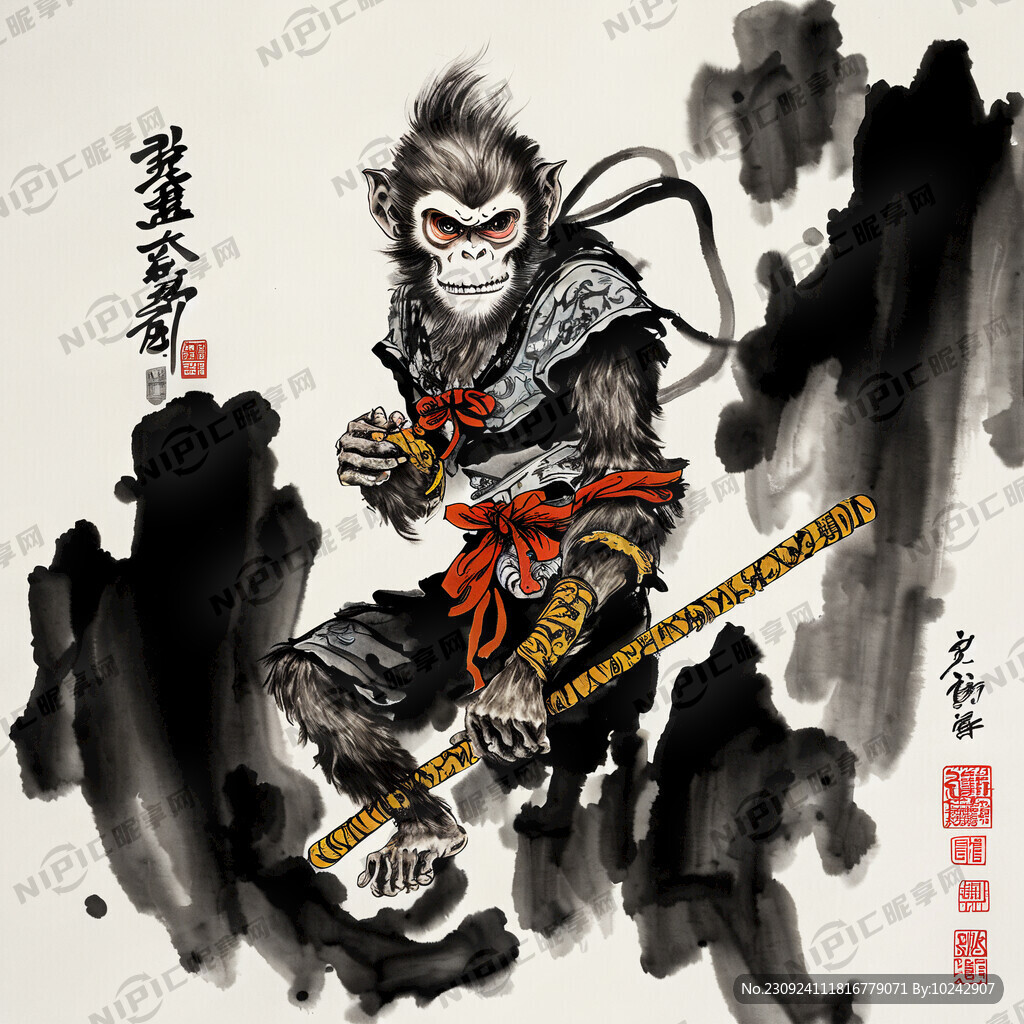 孙悟空和水浒的秦明结合的水墨画