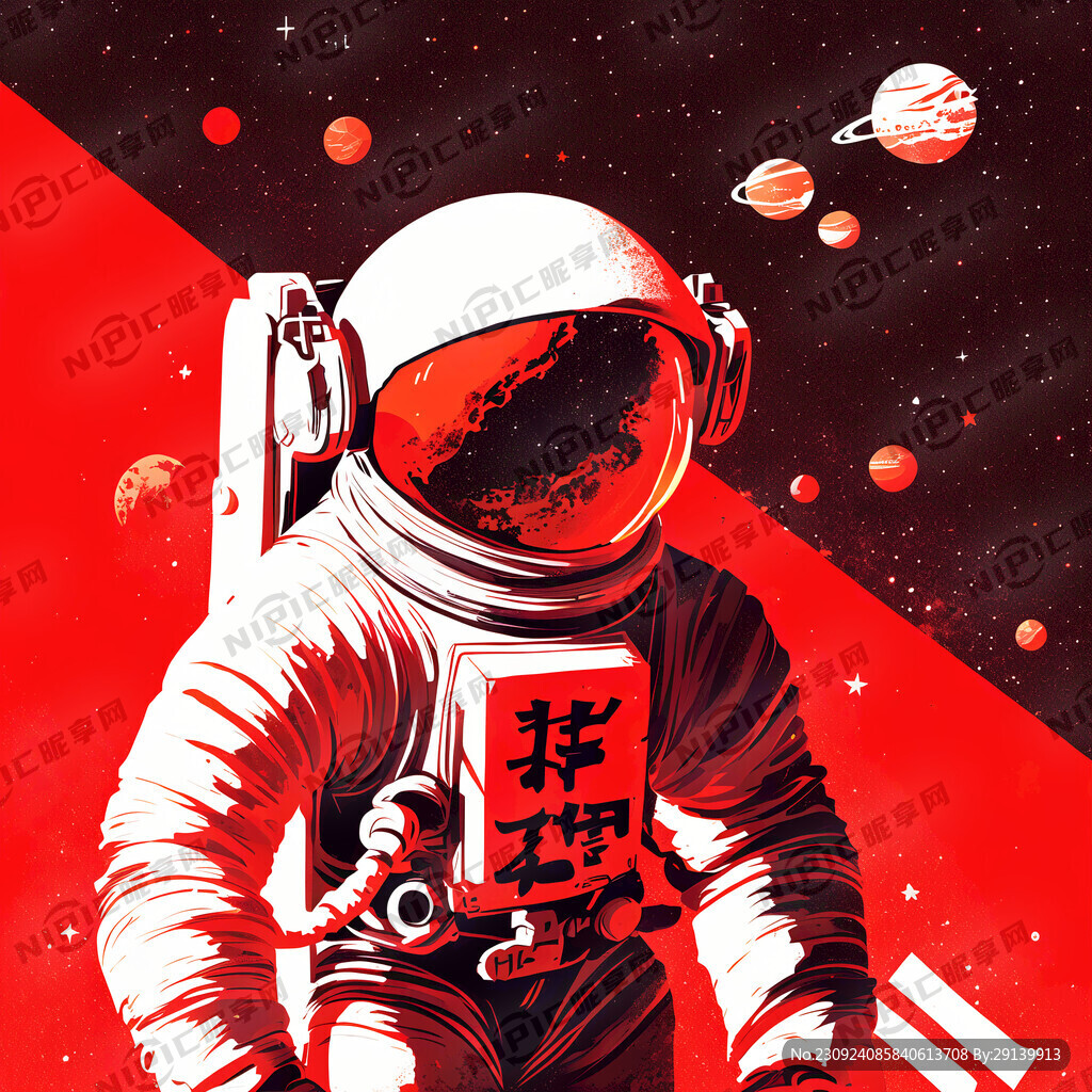 红色炫酷宇宙和宇航员还有设计师