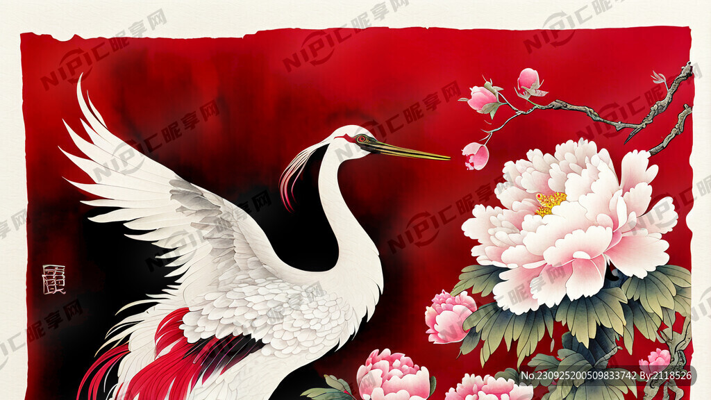 大红底色中间大寿字有松有鹤吉祥