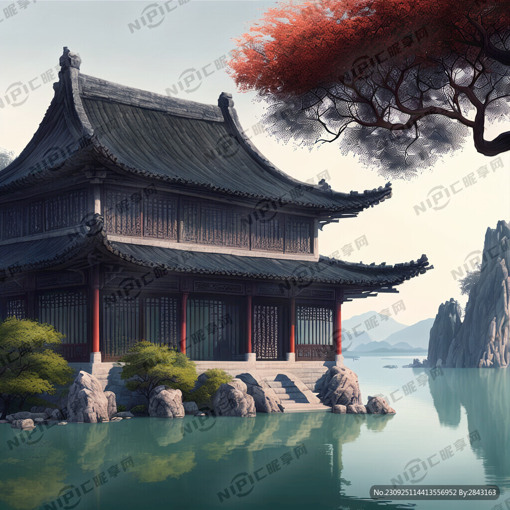 园林古树太湖石远处有远山