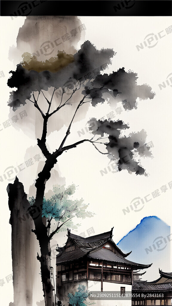 构成式苗寨建筑远山树木