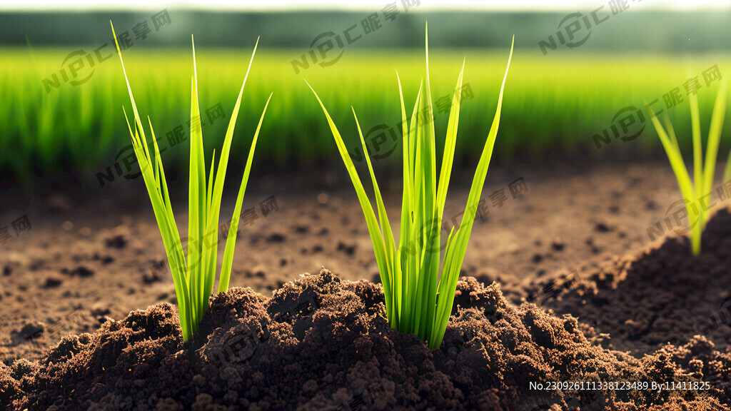 土壤里面长出一颗小小的稻苗画面