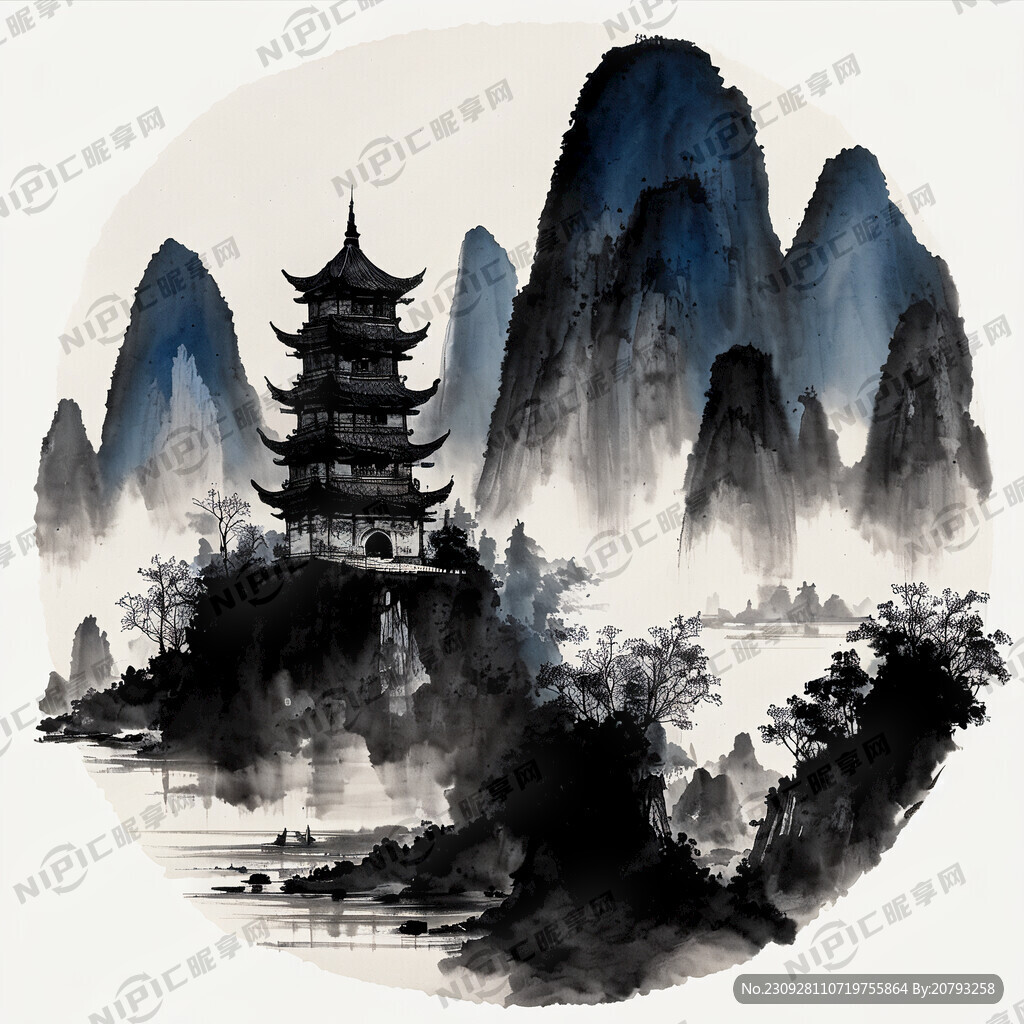 桂林山水象鼻山日月双塔 水墨画