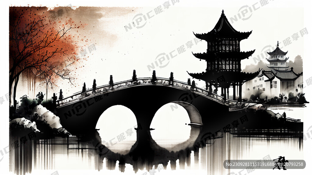 柳州市鸟瞰图为背景 中国水墨画