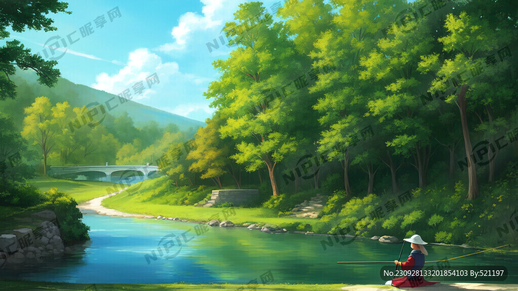 中世纪美女在河边钓鱼