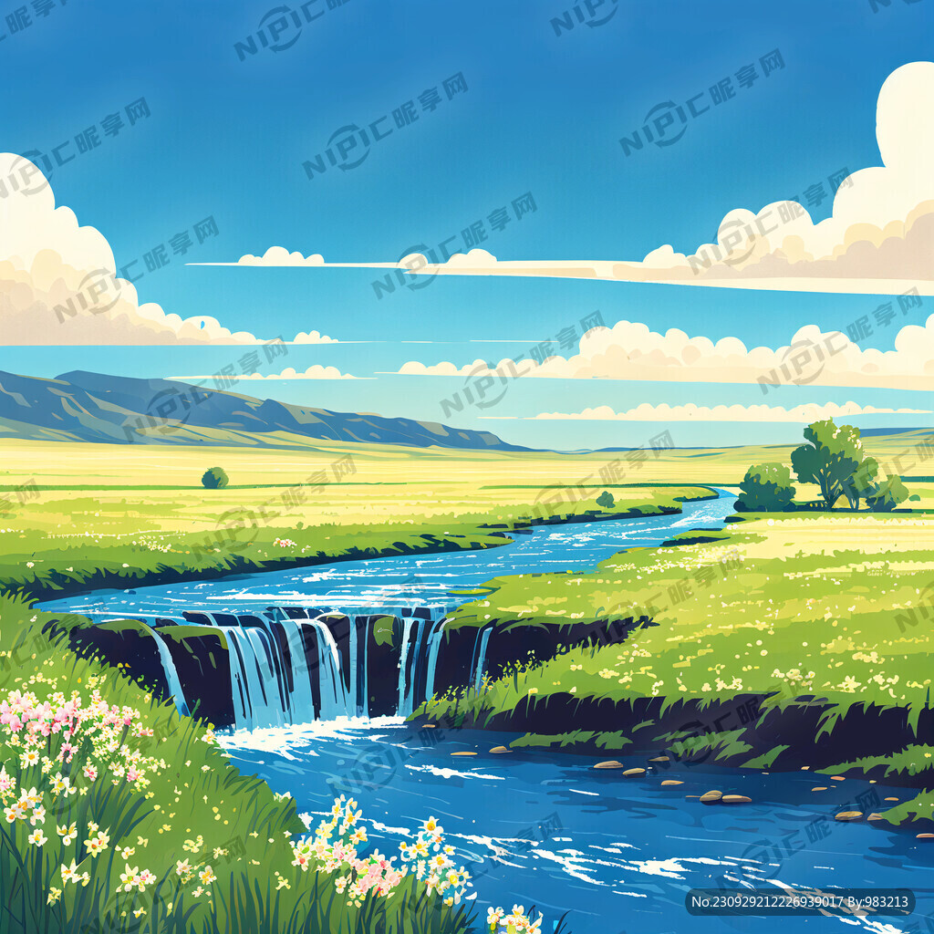 瀑布河流 平原草地 自然风光
