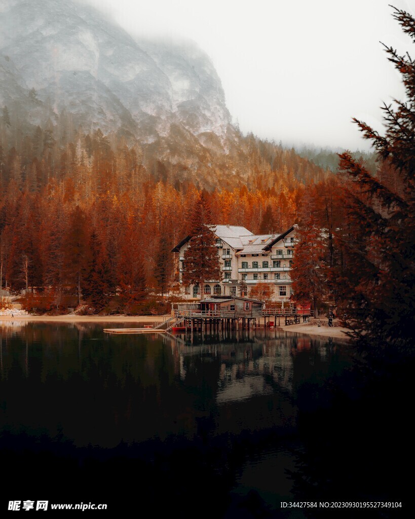 湖边的秋林和房子