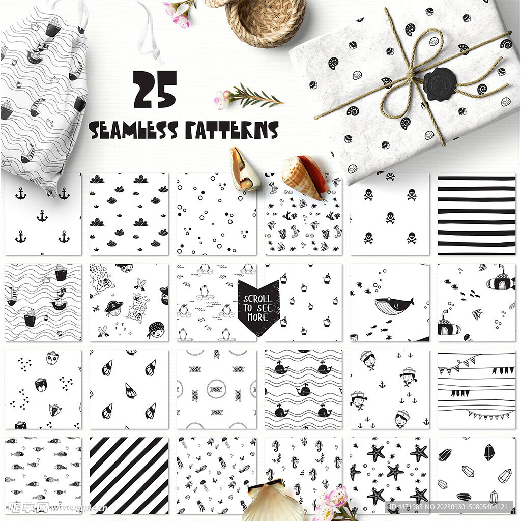 黑白卡通平铺图案