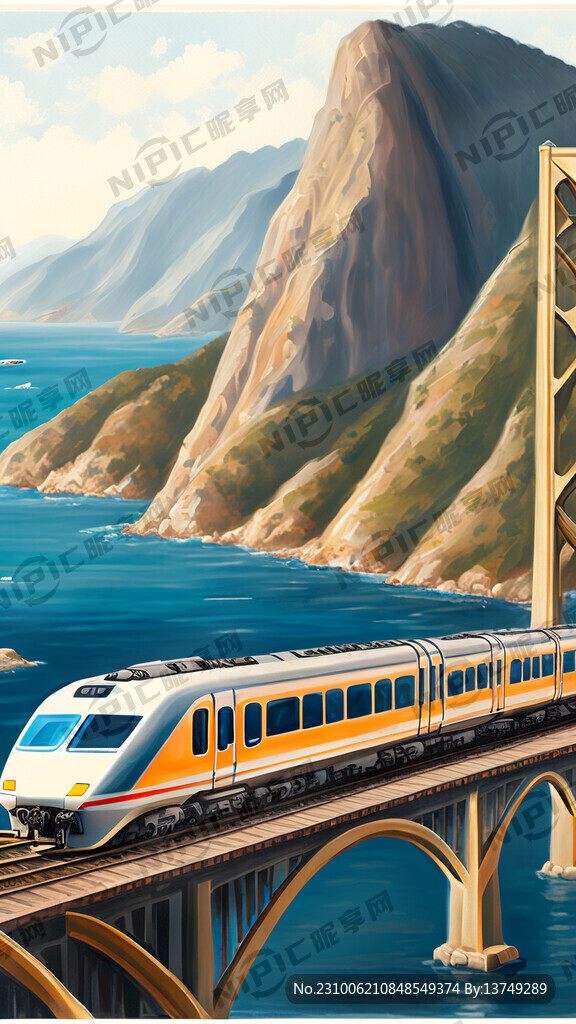 一列高铁动车穿梭在山海和大桥间