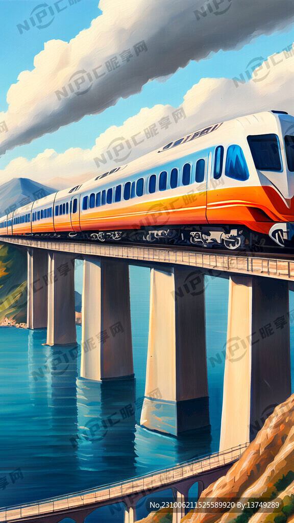 一列高铁动车蜿蜒地穿梭在山海和