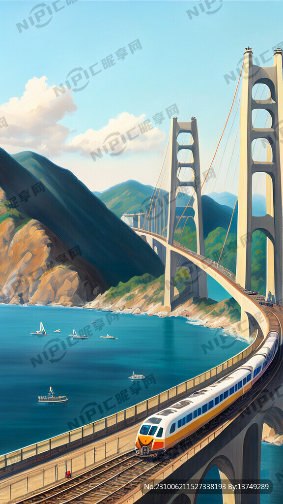 一列高铁动车蜿蜒地穿梭在山海和