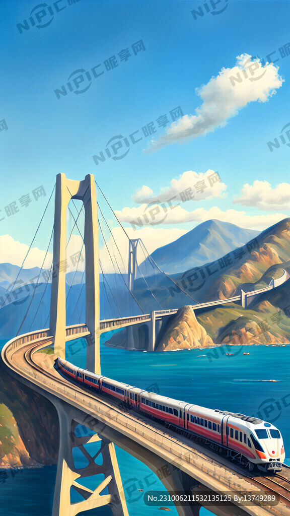 一列高铁动车蜿蜒地穿梭在山海和