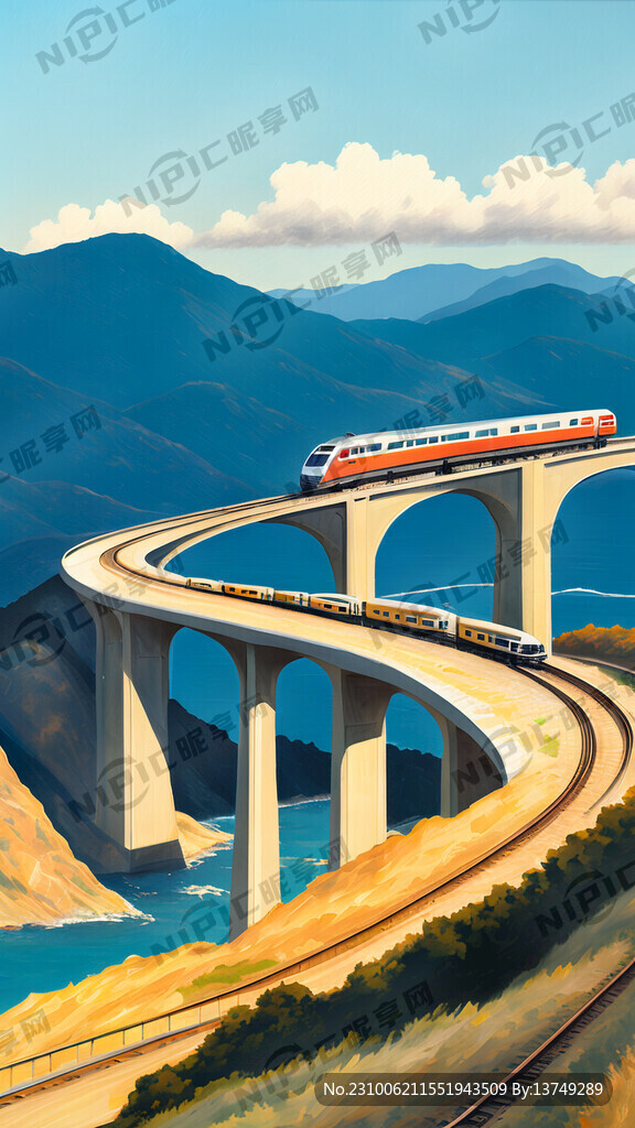 一列高铁动车蜿蜒地穿梭在山海和