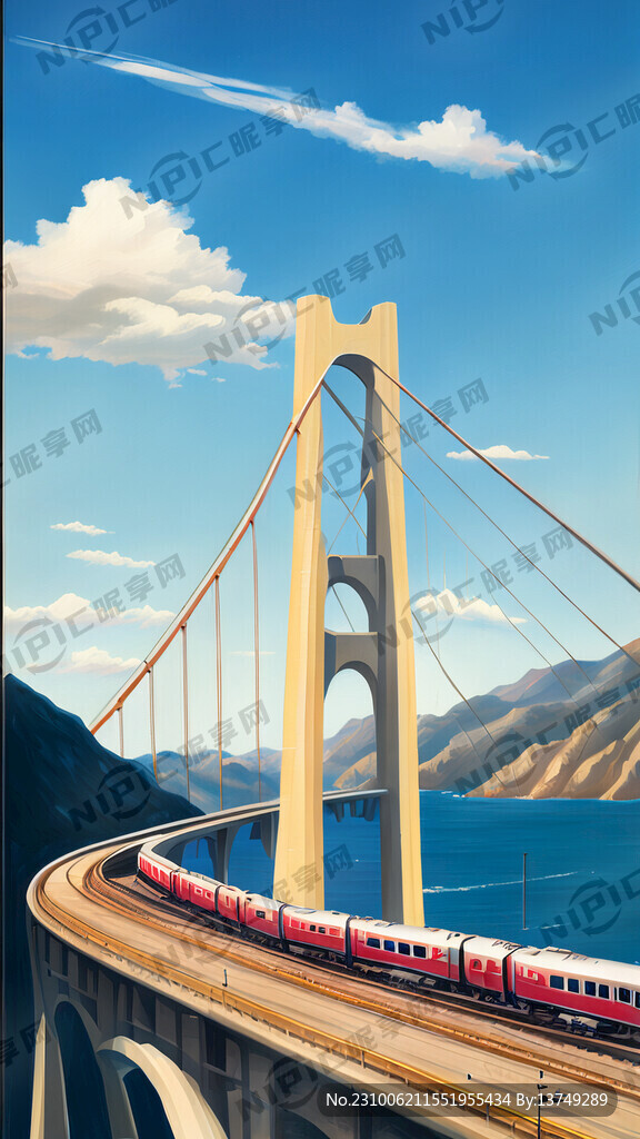 一列高铁动车蜿蜒地穿梭在山海和