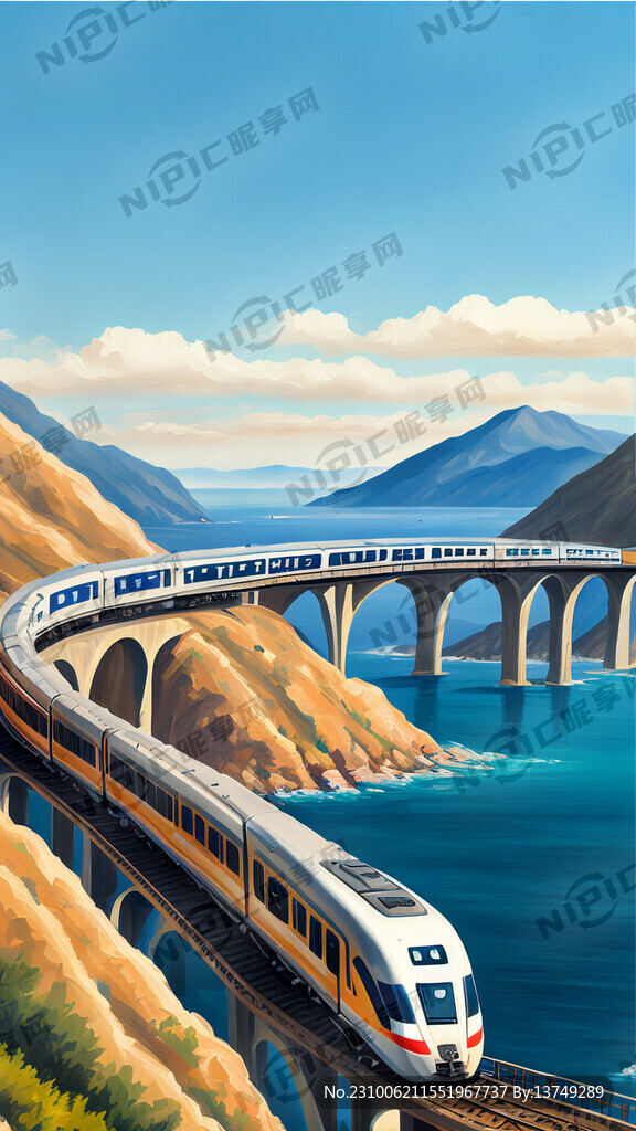 一列高铁动车蜿蜒地穿梭在山海和