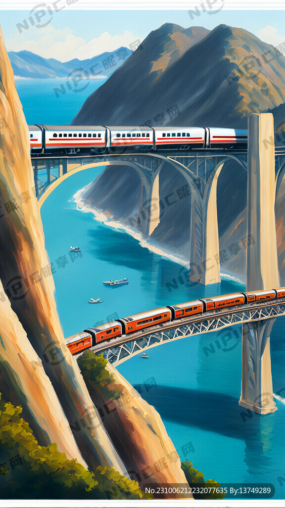 一列高铁动车蜿蜒地穿梭在山海和