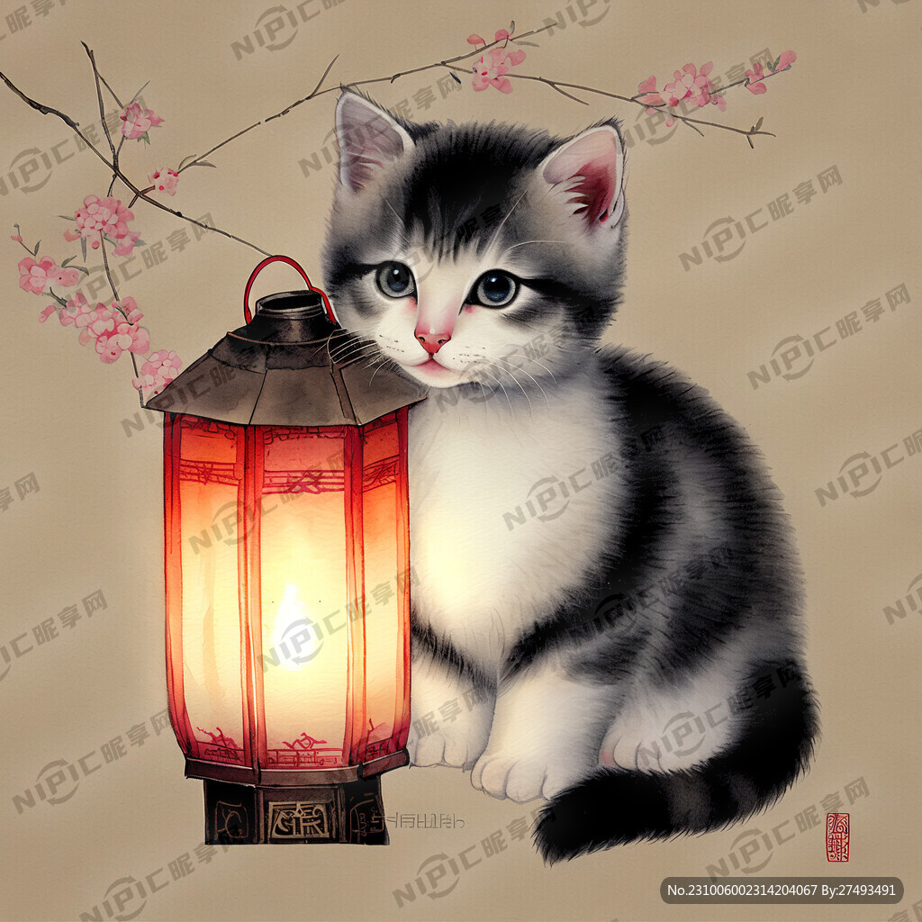 一只小猫 提着一个南宋风格灯笼