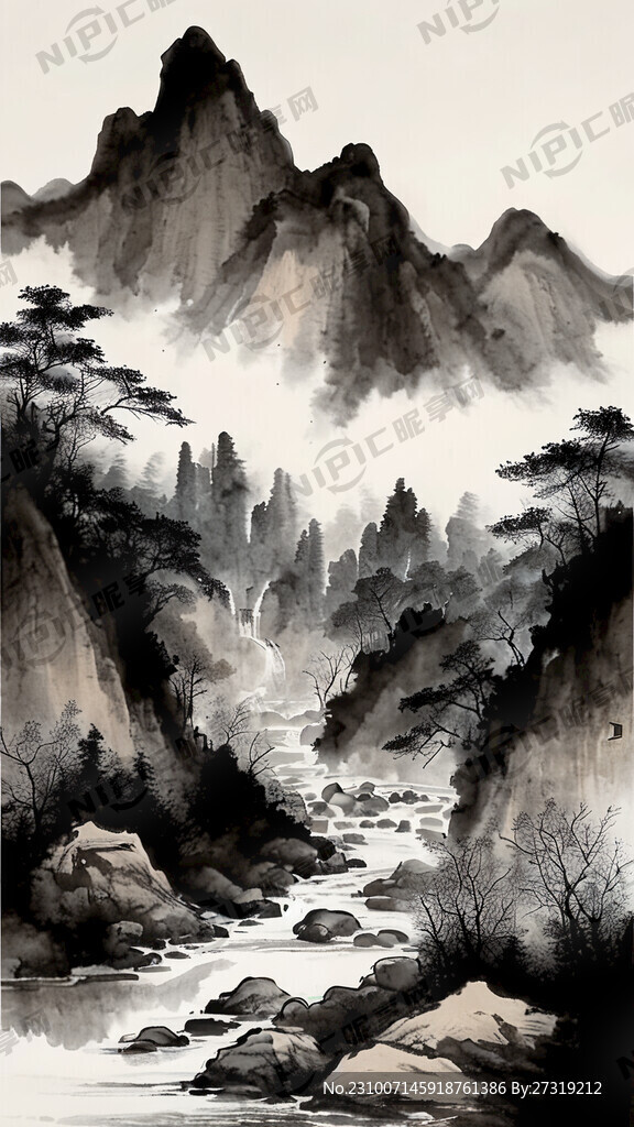 水墨画 溪流湍急 山峦重叠
