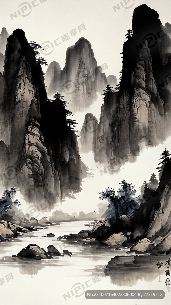 水墨画 溪流湍急 小溪中有石头