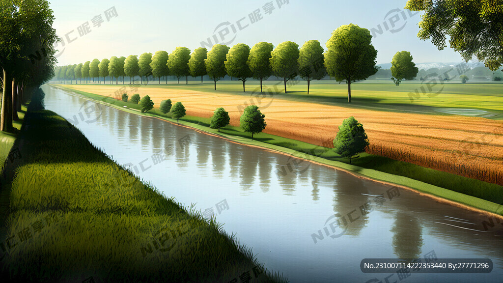河道景观设计效果图 左侧农田