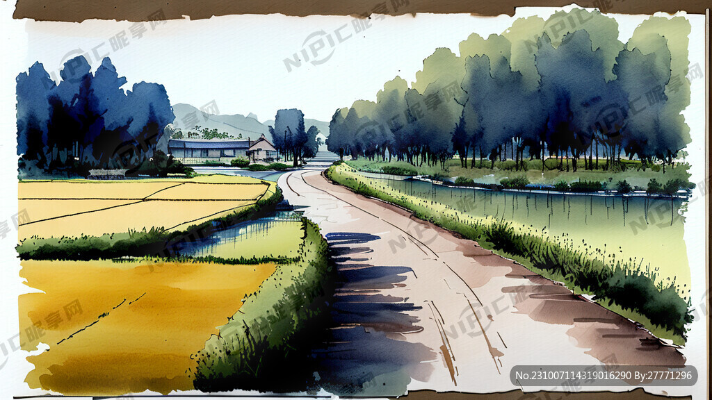 河道景观设计效果图 左侧农田