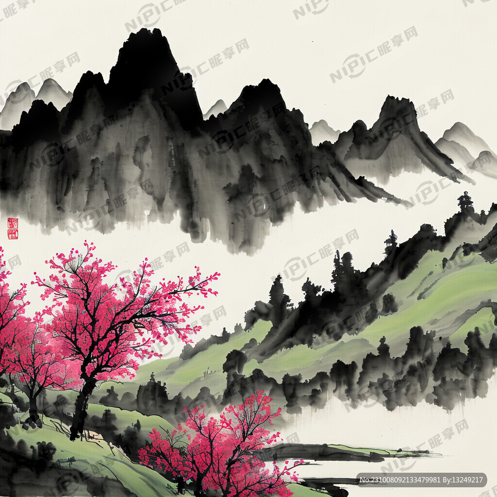 国潮 青山 草地 鲜花 黑猪