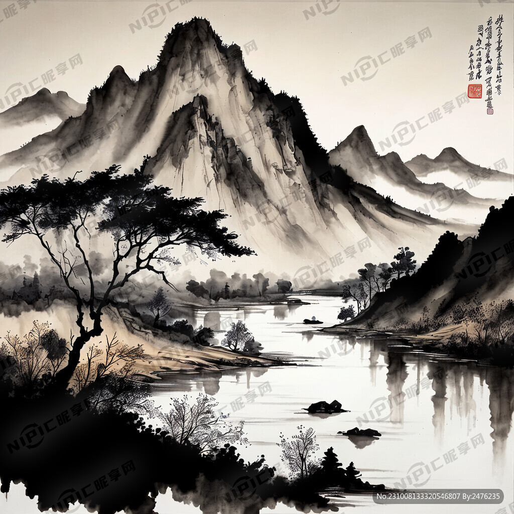 水墨山河 山巅孤影 天光影射