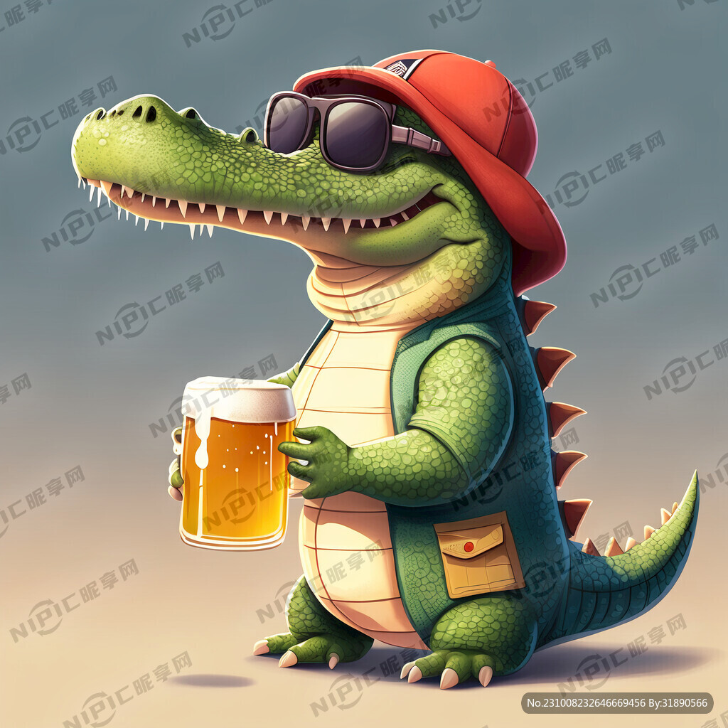 鳄鱼穿童装 拿着啤酒 卡通