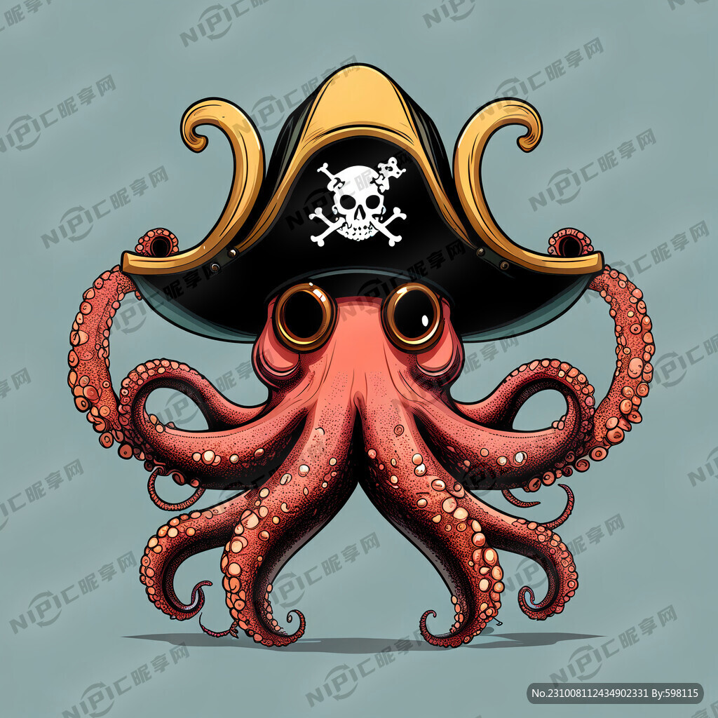 八爪鱼戴着海盗帽 漫画风格