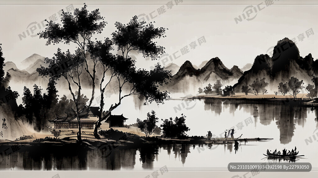 滆湖的水墨画或者中国画