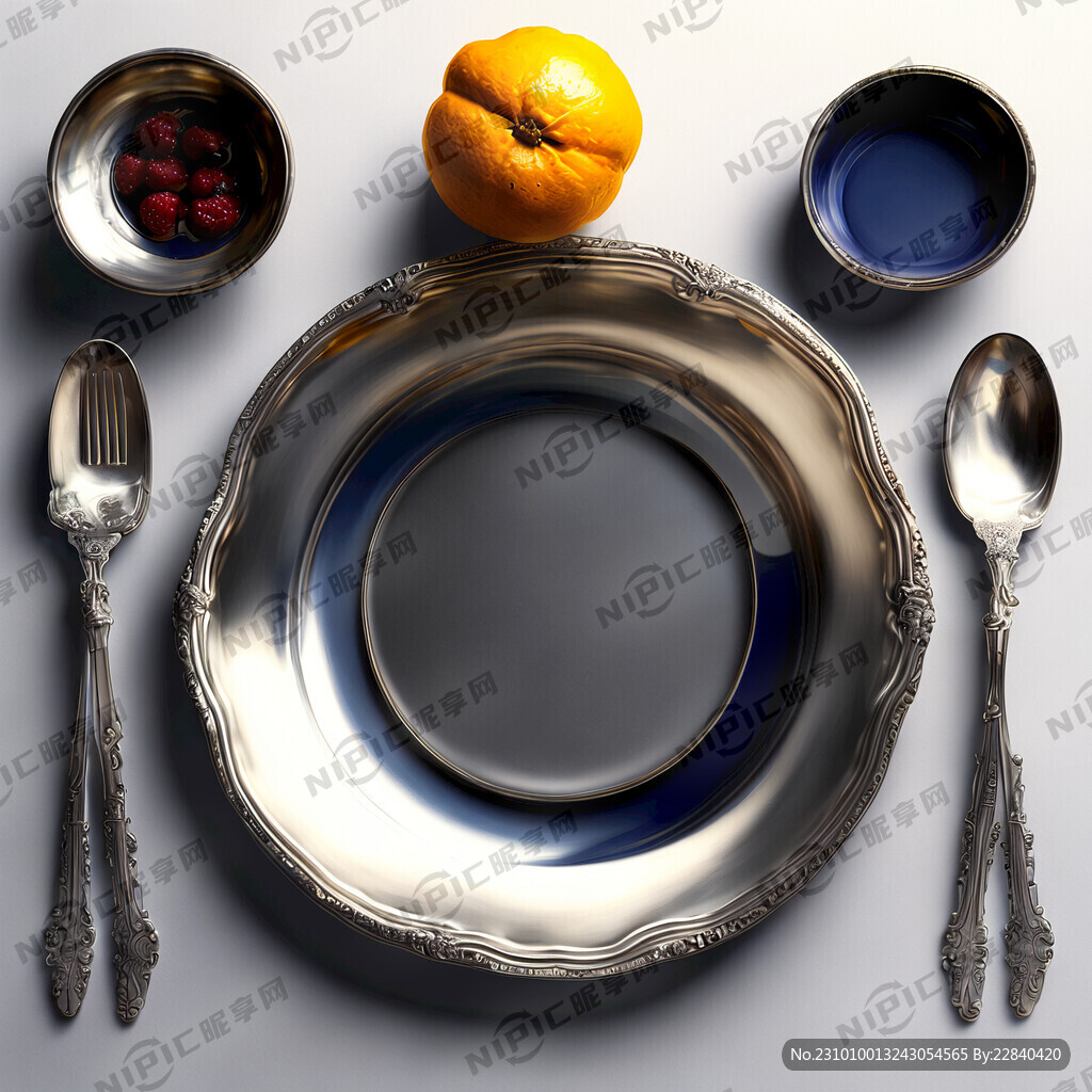银质餐具圆盘俯视图烤瓷效果艺术