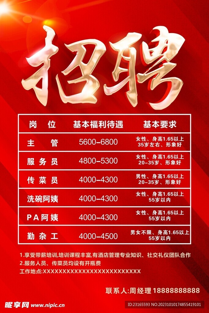 酒店饭店招聘红色海报展板