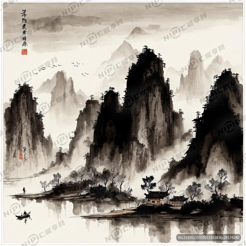 国风山水画 连绵的小山 河流