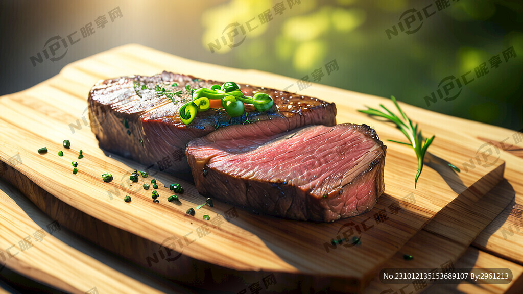 一块竹砧板上 有切好蔬菜牛排