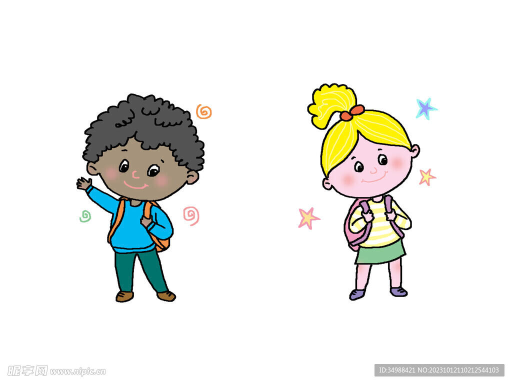可爱男孩女孩卡通小学生插画