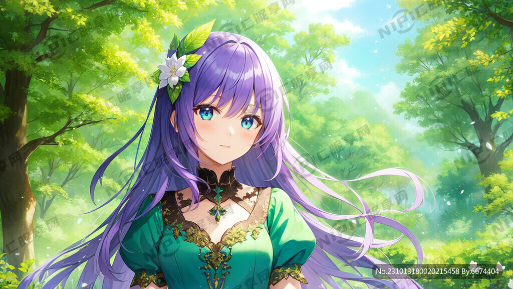 绿衣长裙 修仙美女 紫色头发