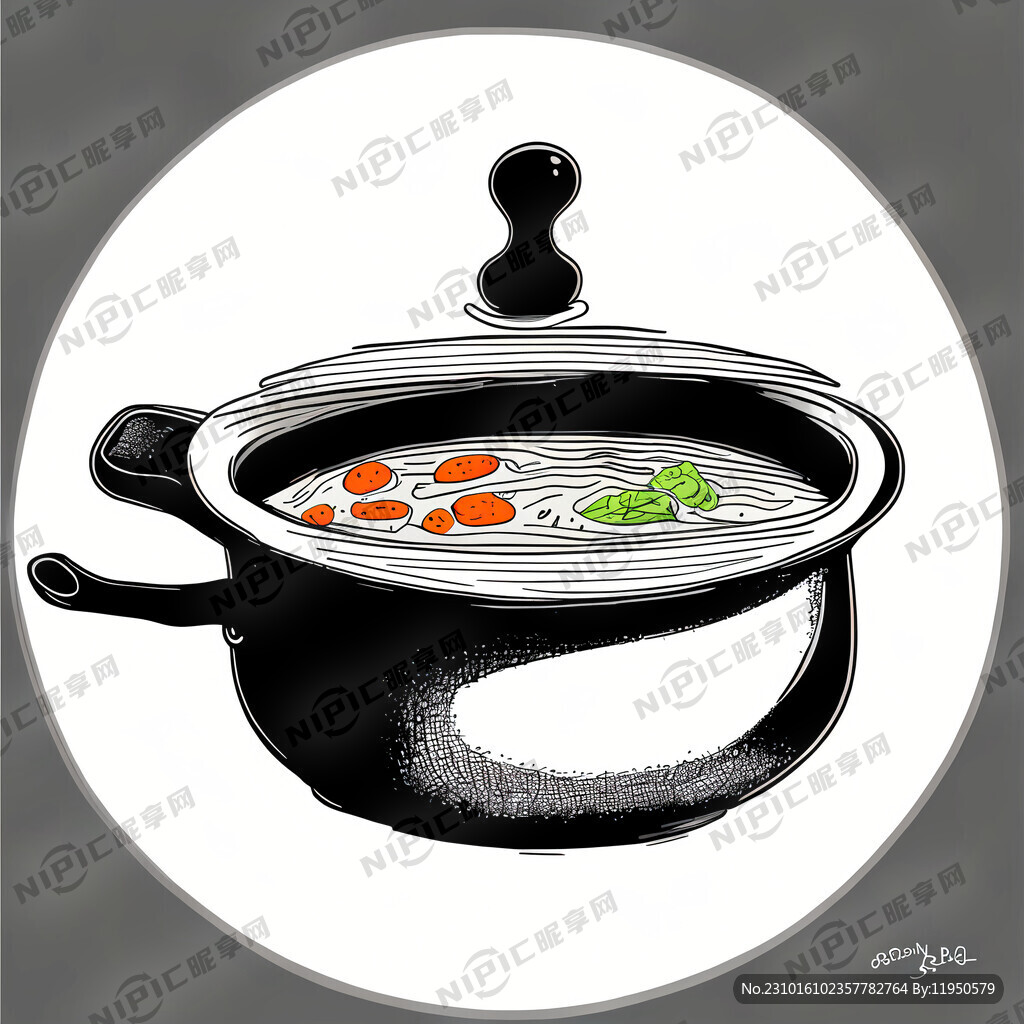一口汤锅 简笔插画 黑白线条