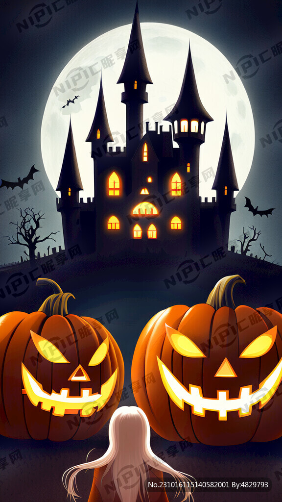 万圣节海报 城堡 女巫 月亮