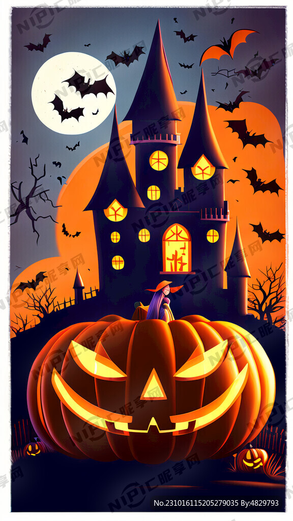 万圣节海报 城堡 女巫 月亮