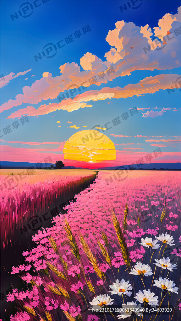 蓝天 白云 麦穗 粉色花 朝霞